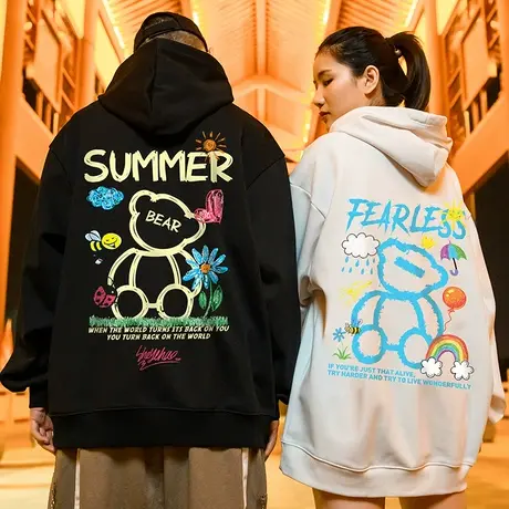 潮牌小熊连帽情侣款大码卫衣男连帽衫潮胖子外套加绒小众情侣装冬图片