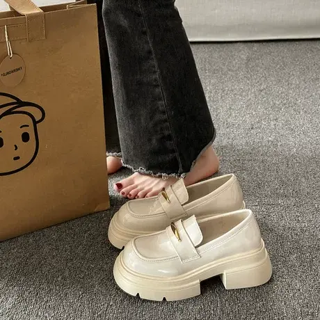 韩版乐福鞋女厚底2023秋季新款复古英伦风小皮鞋黑色百搭单鞋潮商品大图