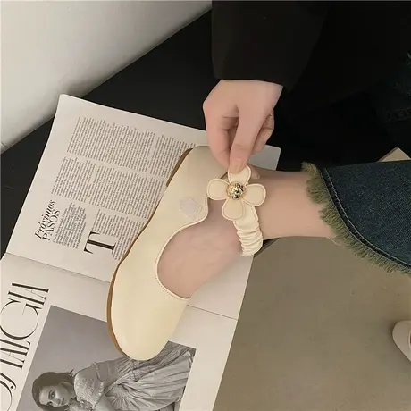 圆头白色百搭平底单鞋女2023春秋新款软底豆豆鞋复古浅口玛丽珍鞋商品大图