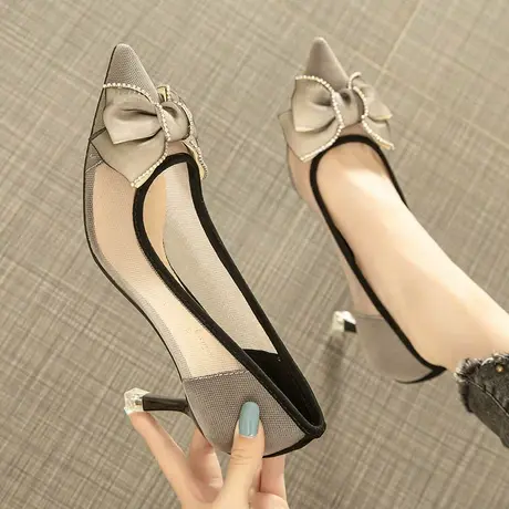 法式尖头细跟性感网纱凉鞋女夏2021新款百搭仙女蝴蝶结水钻高跟鞋商品大图