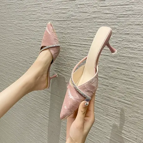 夏季包头凉拖鞋女外穿2023年新款时尚气质细跟水钻尖头高跟半拖鞋商品大图