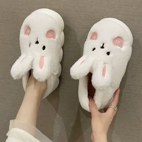 2023年秋冬季新款可爱卡通兔子毛绒鞋女情侣保暖防滑增高毛绒包跟商品大图