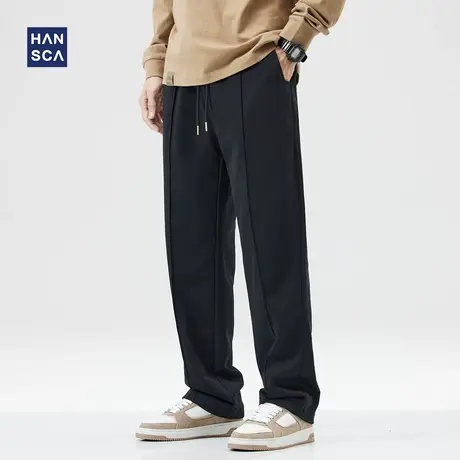 hansca重磅卫裤男冬季加绒加厚潮牌宽松运动抽绳直筒黑色拖地裤子图片
