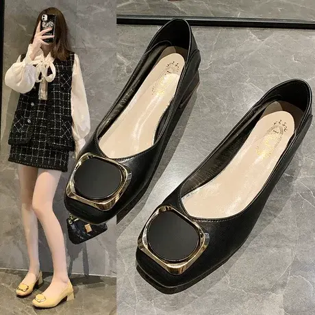 软底小皮鞋单鞋女2023春季新款粗跟平底鞋舒适女鞋一脚蹬豆豆鞋潮图片