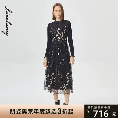 朗姿官方春季新款植物印花收腰显瘦优雅通勤女式连衣裙图片