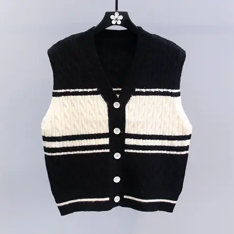 黑白拼色针织马甲女秋冬2023新款宽松学院风叠穿外搭毛衣背心开衫图片