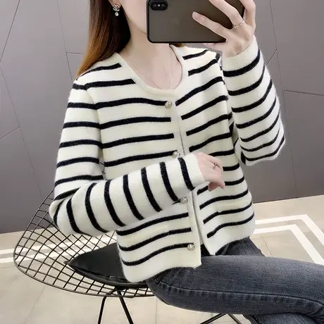 秋季上衣女短款条纹针织开衫外穿2023年新款宽松毛衣外套春秋装潮商品大图