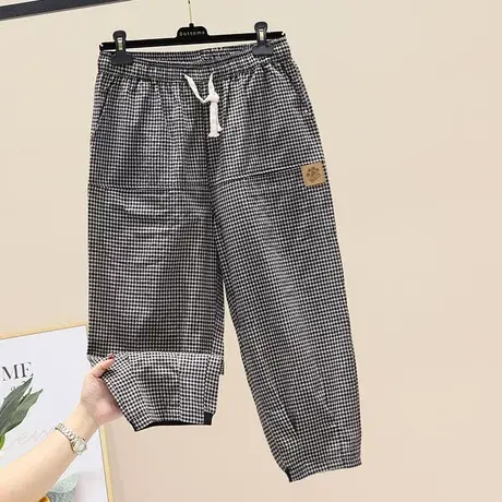 棉麻格子休闲裤女2023年春夏季新款复古宽松松紧腰亚麻哈伦七分裤商品大图