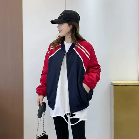 红色运动外套女秋冬装欧货爆款撞色棒球服设计感小众拼接短款夹克商品大图