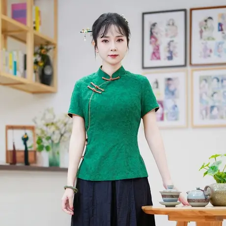 筠雅夏季新款简约清新旗袍式上衣唐装女改良版修身复古素衣24J159商品大图