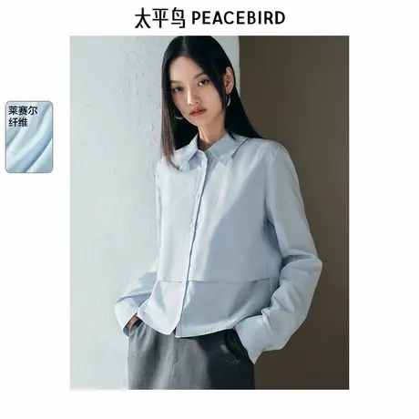 太平鸟 莱赛尔顺滑蓝色长袖衬衫25春季新款时髦假两件截短式衬衣商品大图