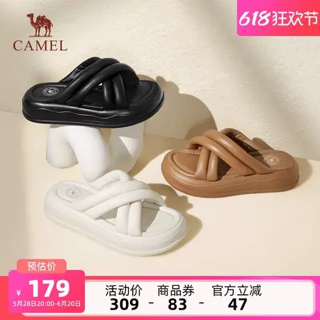 骆驼女鞋2025夏季新款真皮沙滩凉鞋休闲厚底一字拖平底拖鞋女外穿商品大图