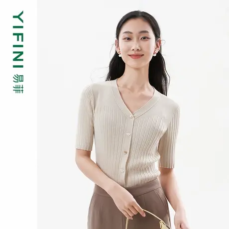 [专柜同款]Yifini/易菲修身合体三醋酸V领套头毛衫针织衫夏装商品大图