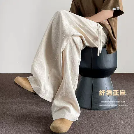 亚麻棉麻裤子男潮牌夏季透气高级感垂感宽松直筒阔腿拖地休闲长裤商品大图