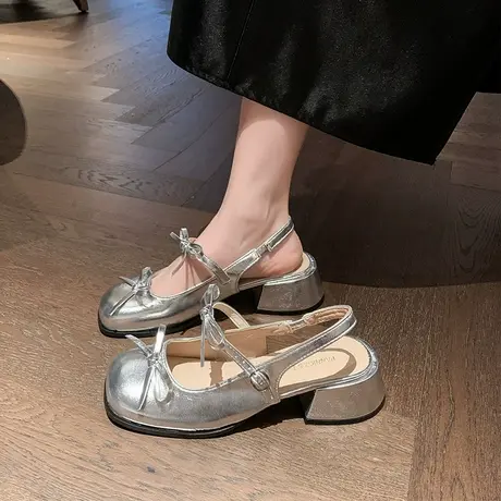 银色粗跟玛丽珍鞋女2025年夏季新款法式配裙子鞋子高级感气质凉鞋商品大图