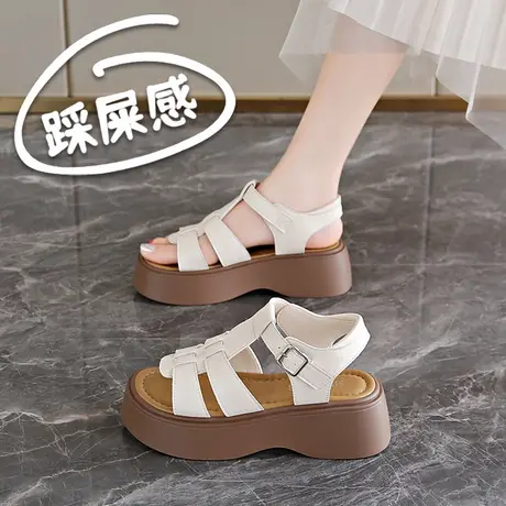 厚底真皮休闲凉鞋女夏季增高显瘦配裙子一字扣带高跟鞋小码34百搭图片