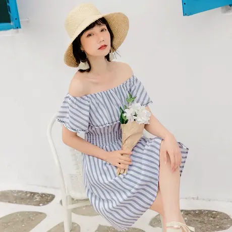 桔熊夏季浪漫露肩一字领条纹收腰不规则摆连衣裙女大码DA8563图片