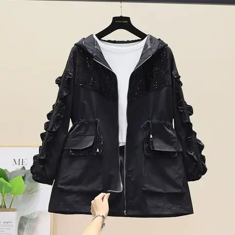早秋外套女装春秋季小个子上衣2023年新款亮片拼接收腰抽绳黑风衣图片