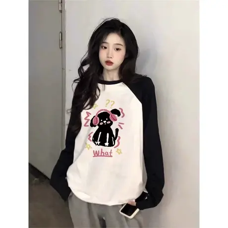 oversize插肩袖T恤女秋复古显瘦打底衫ins大码纯棉情侣装长袖上衣商品大图