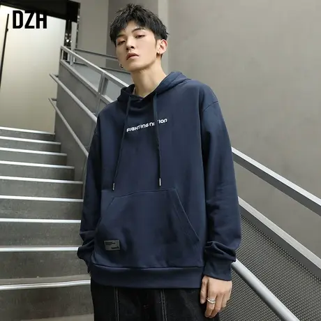 男士上衣蓝色连帽卫衣男大码宽松春秋男装2023新款运动衣服外套潮商品大图