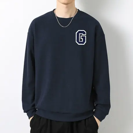 华夫格卫衣男潮牌2023新款秋冬季潮流宽松无帽上衣服圆领长袖t恤商品大图