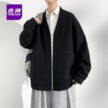唐狮秋冬季新款男士V领拉链开衫毛线针织上衣胖子加大码外套薄AP商品大图