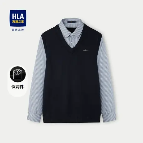 HLA/海澜之家高周波印花双领针织衫秋季修身简约商务假两件上衣男图片