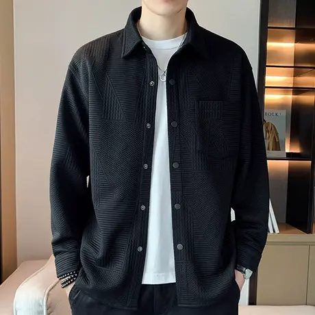 挺括有型男士春秋长袖休闲衬衫青少年学生纯色华夫格夹克百搭外套商品大图