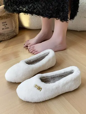 网红毛毛鞋女秋冬外穿2023年新款平底一脚蹬棉瓢鞋时尚软底豆豆鞋商品大图