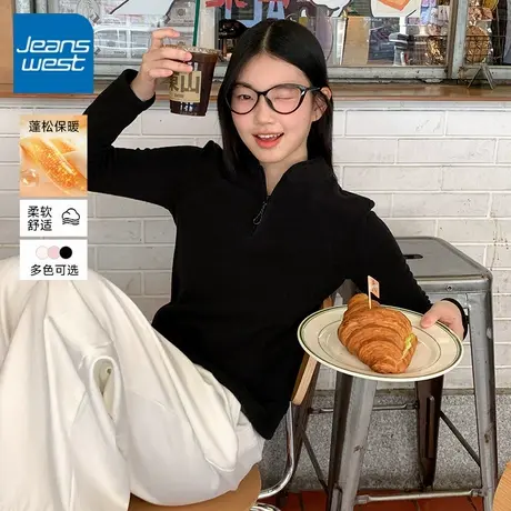KV真维斯黑色抓绒卫衣女2025新款冬季加绒加厚套头上衣半开领外套商品大图