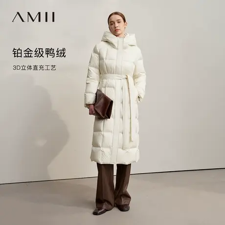 Amii2025冬新款温暖休闲压纹直充工艺可拆卸腰带连帽长款羽绒服女商品大图