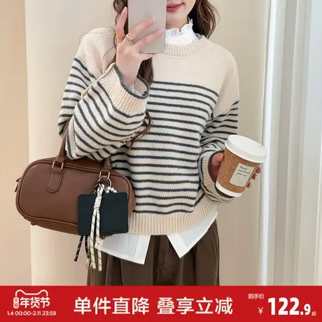 唐狮2026秋冬毛衣女条纹圆领套头高级感小个子穿搭潮流上衣女商品大图