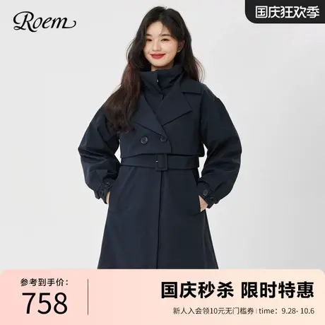 Roem秋冬新款商场同款通勤创意双领休闲风衣款中长款羽绒服女商品大图