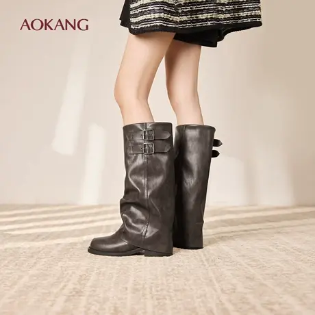 奥康 女鞋2025秋冬新款裤管靴长靴皮带扣粗跟骑士靴显瘦高筒靴图片