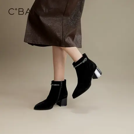 千百度粗高跟潮流羊皮时装靴女款百搭冬季气质增高洋气小短靴通勤图片