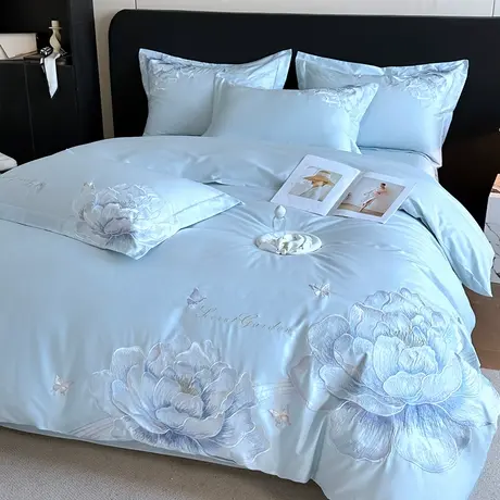 恒源祥全棉绣花四件套简约床单式四季通用纯棉床单被套单双人家用商品大图