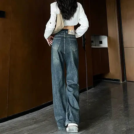 复古高腰阔腿牛仔裤女秋季2023年新款遮肉显瘦怀旧裤子直筒拖地裤商品大图
