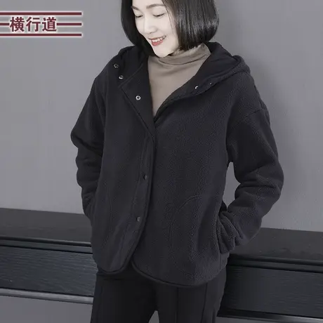 2023冬季新款简约宽松翻领羊羔绒口袋长袖外套女大码外穿保暖上衣图片