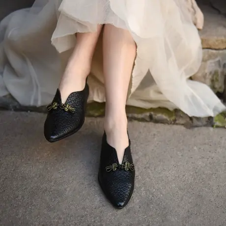 Artmu阿木原创复古中国风盘扣手工鞋尖头奶奶鞋真皮一脚蹬单鞋商品大图