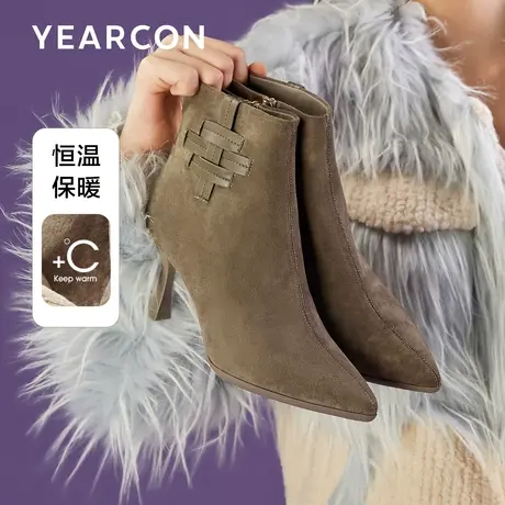 意尔康加绒短靴女2023冬新款法式风尖头细高跟鞋时装靴踝靴侧拉链商品大图