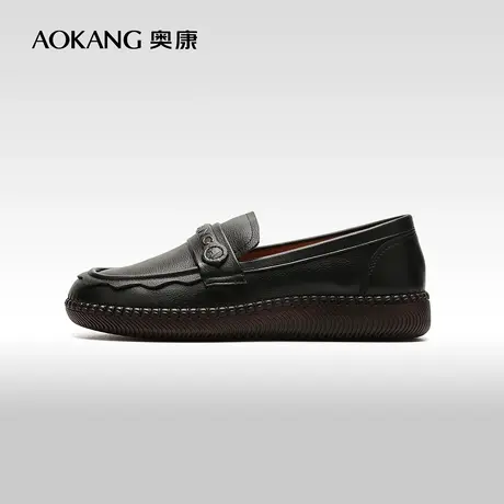 【门店发货】奥康女鞋 春秋款真皮软面乐福鞋套脚舒适软底妈妈鞋商品大图