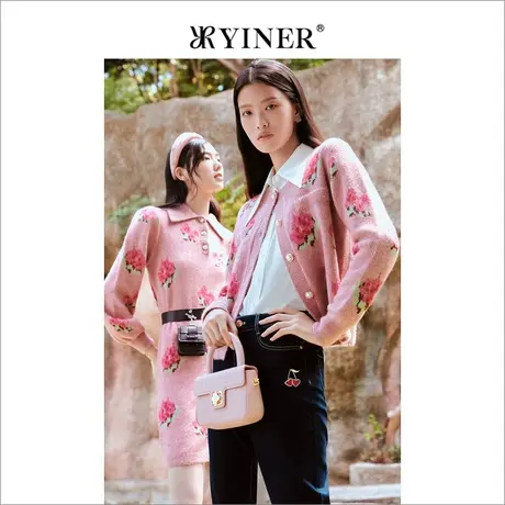 *Goodland美地女装秋季浪漫花卉针织衫钉珠开衫商品大图