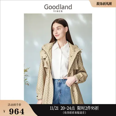 Goodland美地女装2023春季显瘦收腰LOGO老花长款连帽风衣外套商品大图