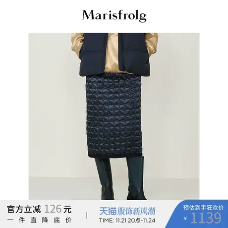 【羽绒半身裙】玛丝菲尔冬季新款黑色方形格纹绗缝羽绒百搭半身裙图片