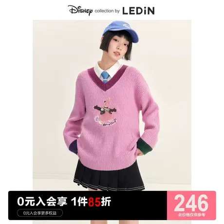 【迪士尼联名】乐町粉色毛衣休闲秋冬新款女装上衣V领上衣针织衫图片