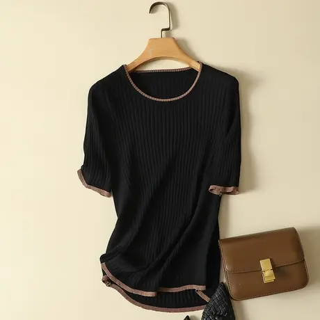 冰丝针织短袖t恤女夏季2024新款韩版薄款圆领显瘦百搭打底上衣女商品大图