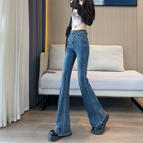 复古毛边微喇牛仔裤女春秋季新款高腰喇叭裤修身直筒显瘦马蹄裤子商品大图