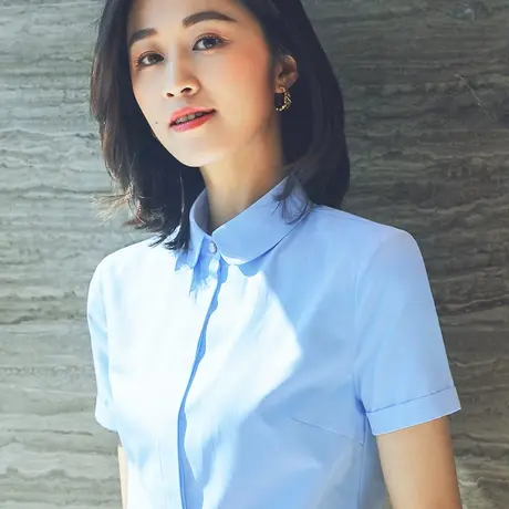雀后短袖衬衫女夏季新款蓝色工装圆领百搭正装简约气质职业工作服商品大图