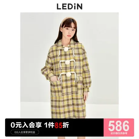 乐町格纹甜美牛角扣大衣休闲秋冬新款活泼黄小个子JK呢子毛呢外套图片