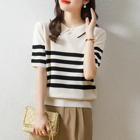 夏季女士短袖t恤韩版POLO领宽松半袖百搭针织衫条纹薄款打底上衣商品大图